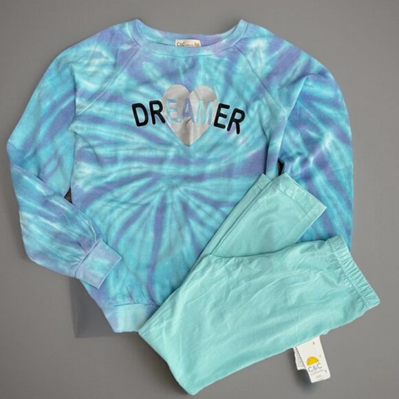 C&C CALIFORNIA M 10/12 Dreamer Blue Tie Dye Pullover Sweatshirt Pants Set NWT - Picture 1 of 8